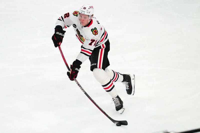 Apr 16, 2024; Las Vegas, Nevada, USA; Chicago Blackhawks defenseman Alex Vlasic (72) skates against the Vegas Golden Knights during the first period at T-Mobile Arena. Mandatory Credit: Stephen R. Sylvanie-USA TODAY Sports