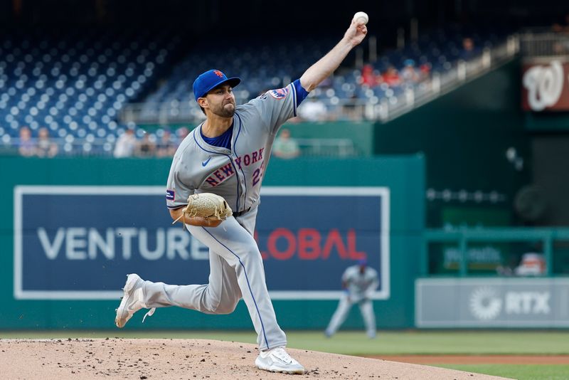 Jun 4, 2024; Washington, District of Columbia, USA; New York Mets starting pitcher David Peterson (23) pitches against the Washington Nationals during the first inning at Nationals Park. Mandatory Credit: Geoff Burke-USA TODAY Sports