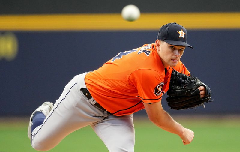 May 24, 2023; Milwaukee, Wisconsin, USA; Houston Astros relief pitcher Brandon Bielak (64) throws during the first inning of their game against the Milwaukee Brewers at American Family Field. Mandatory Credit: Mark Hoffman-USA TODAY Sports