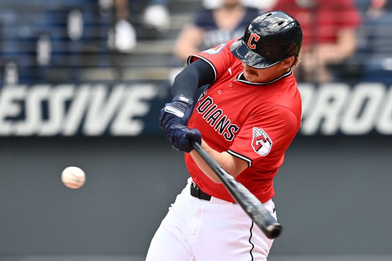 May 14, 2025; Cleveland, Ohio, USA; Cleveland Guardians first baseman Kyle Manzardo (9) hits a home run during the second inning against the Milwaukee Brewers at Progressive Field. Mandatory Credit: Ken Blaze-Imagn Images