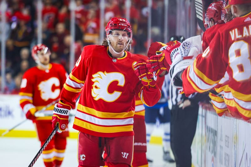 Feb 19, 2024; Calgary, Alberta, CAN; Calgary Flames center Blake Coleman (20) celebrates his goal with teammates against the Winnipeg Jets during the first period at Scotiabank Saddledome. Mandatory Credit: Sergei Belski-USA TODAY Sports