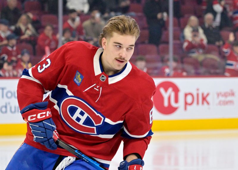 Nov 22, 2025; Montreal, Quebec, CAN; Montreal Canadiens forward Florian Xhekaj (63) skates a rookie lap during the warmup before the game against the Toronto Maple Leafs at the Bell Centre. Mandatory Credit: Eric Bolte-Imagn Images