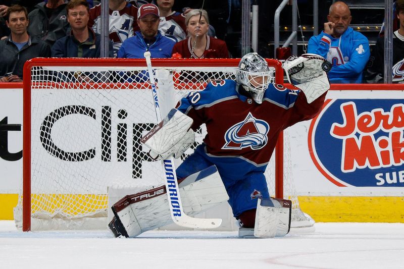 May 13, 2024; Denver, Colorado, USA; Colorado Avalanche goaltender Alexandar Georgiev (40) deflects a shot in the second period against the Dallas Stars in game four of the second round of the 2024 Stanley Cup Playoffs at Ball Arena. Mandatory Credit: Isaiah J. Downing-USA TODAY Sports