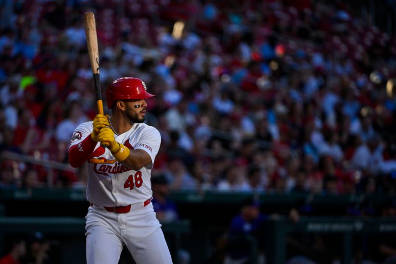 Jun 6, 2024; St. Louis, Missouri, USA;  St. Louis Cardinals catcher Ivan Herrera (48) bats against the Colorado Rockies during the second inning at Busch Stadium. Mandatory Credit: Jeff Curry-USA TODAY Sports