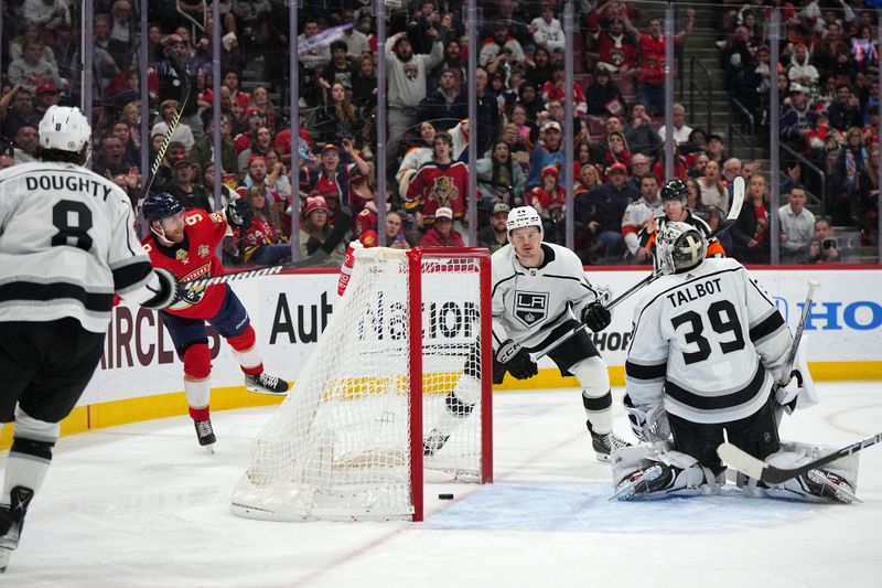 Jan 11, 2024; Sunrise, Florida, USA; Florida Panthers center Sam Bennett (9) celebrates his goal on Los Angeles Kings goaltender Cam Talbot (39) during the second period at Amerant Bank Arena. Mandatory Credit: Jasen Vinlove-USA TODAY Sports