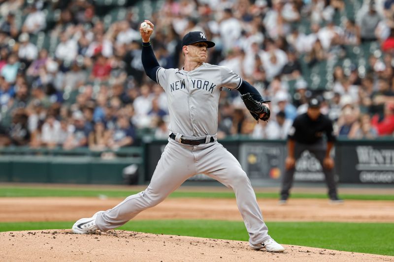 Aug 9, 2023; Chicago, Illinois, USA; New York Yankees starting pitcher Ian Hamilton (71) delivers a pitch against the Chicago White Sox during the first inning at Guaranteed Rate Field. Mandatory Credit: Kamil Krzaczynski-USA TODAY Sports