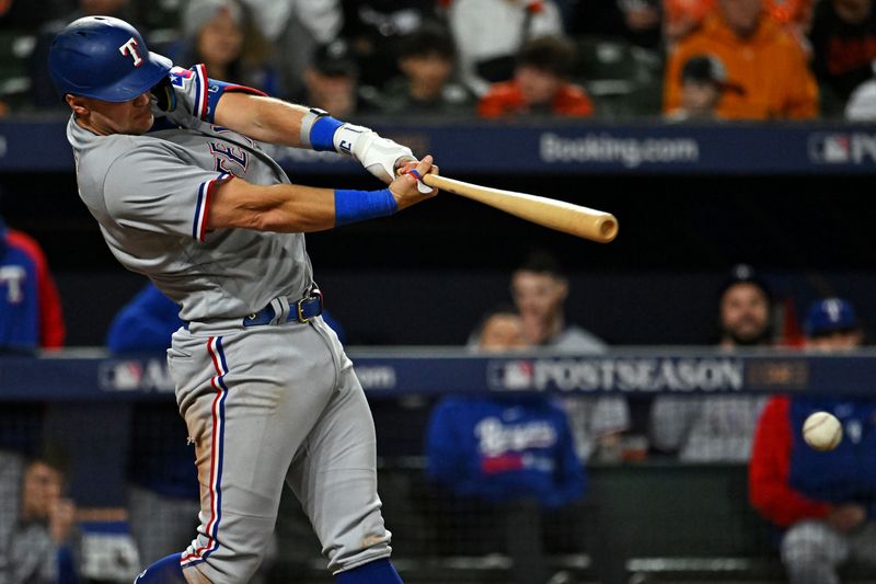 Oct 8, 2023; Baltimore, Maryland, USA; Texas Rangers third baseman Josh Jung (6) hits a double during the ninth inning against the Baltimore Orioles during game two of the ALDS for the 2023 MLB playoffs at Oriole Park at Camden Yards. Mandatory Credit: Tommy Gilligan-USA TODAY Sports