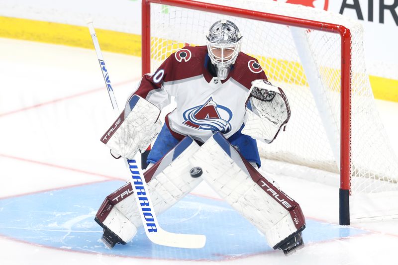 Apr 21, 2024; Winnipeg, Manitoba, CAN; Colorado Avalanche goaltender Alexandar Georgiev (40) warms up before a game against the Winnipeg Jets in game one of the first round of the 2024 Stanley Cup Playoffs at Canada Life Centre. Mandatory Credit: James Carey Lauder-USA TODAY Sports