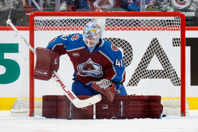 Jan 19, 2026; Denver, Colorado, USA; Colorado Avalanche goaltender Scott Wedgewood (41) makes a save in the second period against the Washington Capitals at Ball Arena. Mandatory Credit: Isaiah J. Downing-Imagn Images