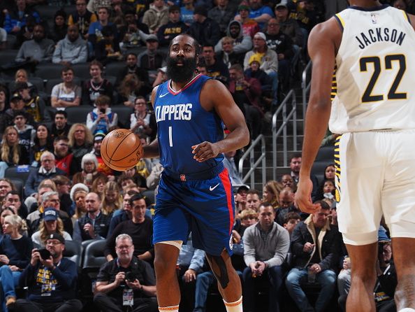 INDIANAPOLIS, IN - DECEMBER 18: James Harden #1 of the LA Clippers handles the ball during the game against the Indiana Pacers on December 18, 2023 at Gainbridge Fieldhouse in Indianapolis, Indiana. NOTE TO USER: User expressly acknowledges and agrees that, by downloading and or using this Photograph, user is consenting to the terms and conditions of the Getty Images License Agreement. Mandatory Copyright Notice: Copyright 2023 NBAE (Photo by Ron Hoskins/NBAE via Getty Images)