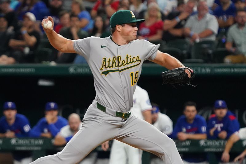 Apr 28, 2025; Arlington, Texas, USA; Athletics pitcher Mason Miller (19) throws to the plate against the Texas Rangers during the ninth inning at Globe Life Field. Mandatory Credit: Raymond Carlin III-Imagn Images