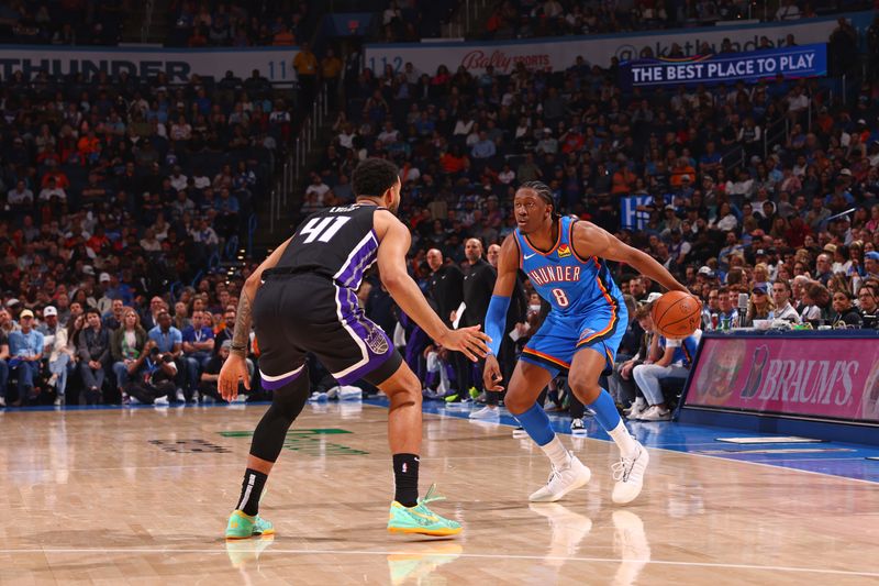 OKLAHOMA CITY, OK - APRIL 9:  Jalen Williams #8 of the Oklahoma City Thunder dribbles the ball during the game against the Sacramento Kings on April 9, 2024 at Paycom Arena in Oklahoma City, Oklahoma. NOTE TO USER: User expressly acknowledges and agrees that, by downloading and or using this photograph, User is consenting to the terms and conditions of the Getty Images License Agreement. Mandatory Copyright Notice: Copyright 2024 NBAE (Photo by Zach Beeker/NBAE via Getty Images)