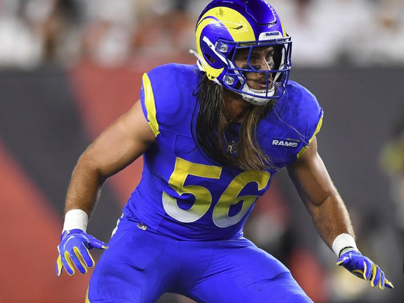 Los Angeles Rams linebacker Christian Rozeboom (56) runs for the play during an NFL football game against the Cincinnati Bengals on Monday, Sept. 25, 2023, in Cincinnati. (AP Photo/Emilee Chinn)