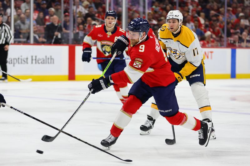 Nov 7, 2024; Sunrise, Florida, USA; Florida Panthers center Sam Bennett (9) shoots the puck against the Nashville Predators during the second period at Amerant Bank Arena. Mandatory Credit: Sam Navarro-Imagn Images