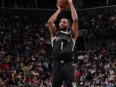 BROOKLYN, NY - NOVEMBER 26: Mikal Bridges #1 of the Brooklyn Nets shoots a three point basket against the Chicago Bulls on November 26, 2023 at Barclays Center in Brooklyn, New York. NOTE TO USER: User expressly acknowledges and agrees that, by downloading and or using this Photograph, user is consenting to the terms and conditions of the Getty Images License Agreement. Mandatory Copyright Notice: Copyright 2023 NBAE (Photo by Jesse D. Garrabrant/NBAE via Getty Images)