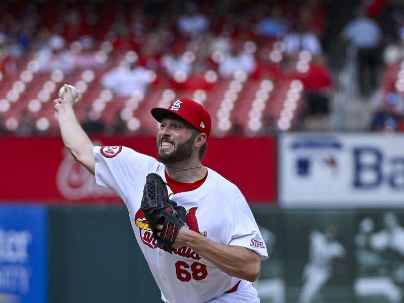 Jul 31, 2024; St. Louis, Missouri, USA;  St. Louis Cardinals relief pitcher Ryan Lotus (68) pitches against the Texas Rangers during the ninth inning at Busch Stadium. Mandatory Credit: Jeff Curry-USA TODAY Sports