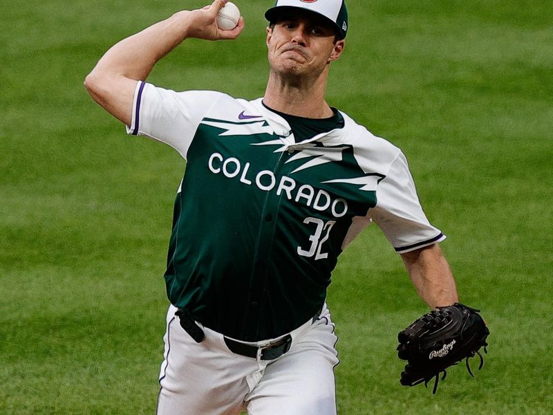 Aug 10, 2024; Denver, Colorado, USA; Colorado Rockies starting pitcher Dakota Hudson (32) pitches in the first inning against the Atlanta Braves at Coors Field. Mandatory Credit: Isaiah J. Downing-USA TODAY Sports