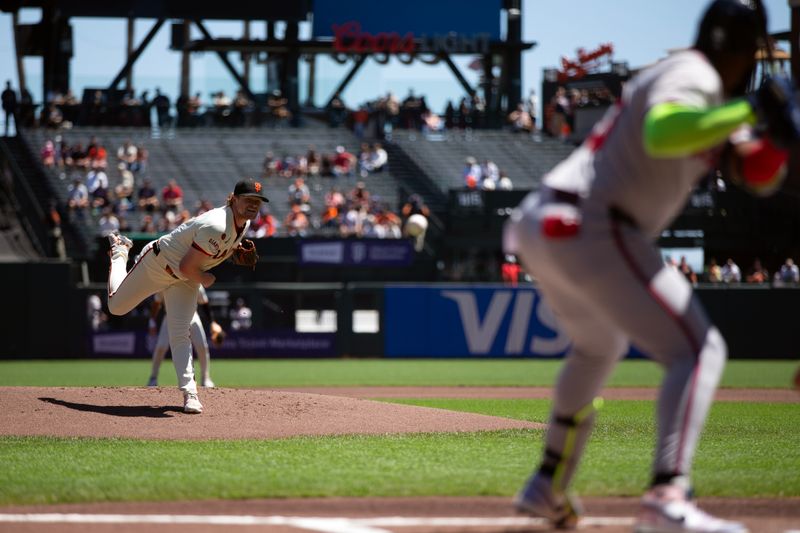 Aug 15, 2024; San Francisco, California, USA; San Francisco Giants starting pitcher Logan Webb (62) delivers against the Atlanta Braves during the first inning at Oracle Park. Mandatory Credit: D. Ross Cameron-USA TODAY Sports