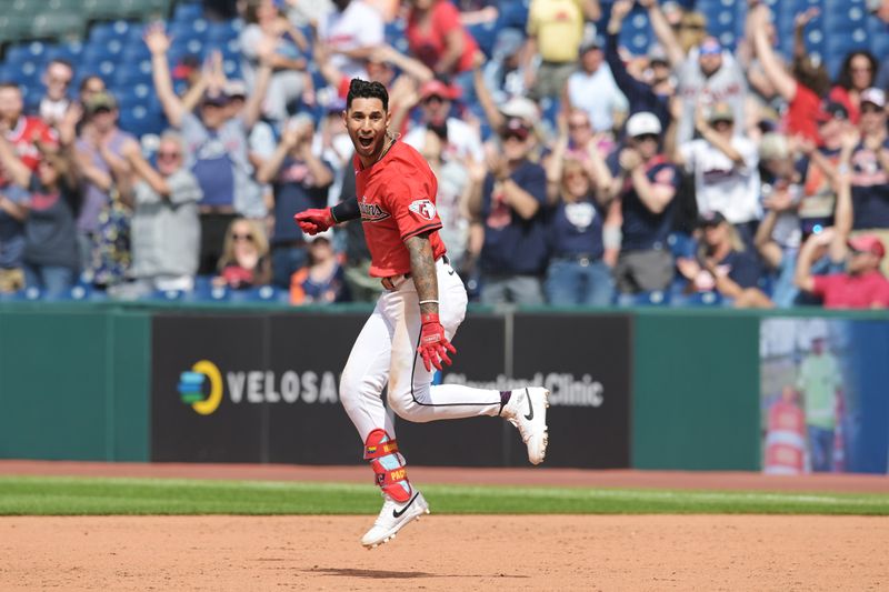 May 8, 2024; Cleveland, Ohio, USA; Cleveland Guardians shortstop Brayan Rocchio (4) celebrates after hitting a game winning RBI single during the tenth inning Detroit Tigers at Progressive Field. Mandatory Credit: Ken Blaze-USA TODAY Sports