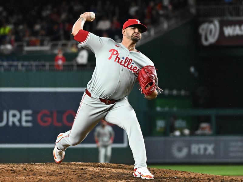 Sep 27, 2024; Washington, District of Columbia, USA;  Philadelphia Phillies pitcher Jose Ruiz (66) pitches against the Washington Nationals during the seventh inning at Nationals Park. Mandatory Credit: James A. Pittman-Imagn Images