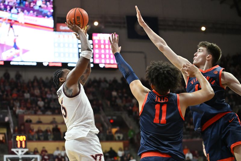 Dec 31, 2025; Blacksburg, Virginia, USA;  Virginia Tech Hokies forward Amani Hansberry (13) shoots a shot over Virginia Cavaliers forward Devin Tillis (11) and Virginia Cavaliers center Johann Grünloh (17) during the first half at Cassell Coliseum. Mandatory Credit: Brian Bishop-Imagn Images