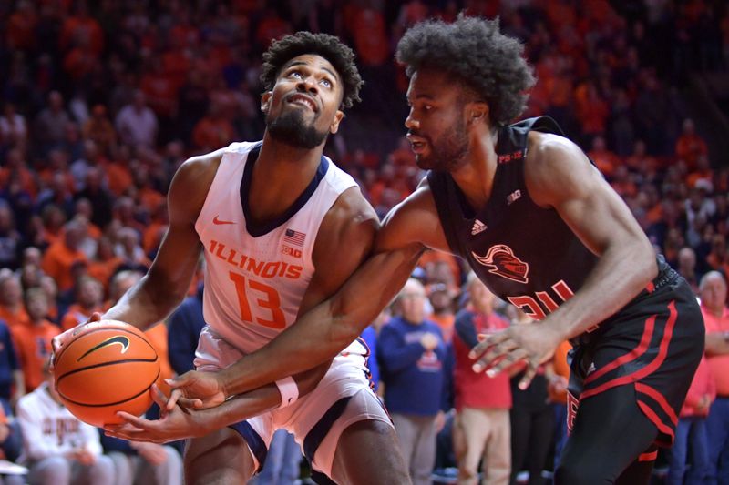 Jan 21, 2024; Champaign, Illinois, USA; Illinois Fighting Illini forward Quincy Guerrier (13) pulls the ball away from Rutgers Scarlet Knights guard Austin Williams (24) during the first half at State Farm Center. Mandatory Credit: Ron Johnson-USA TODAY Sports