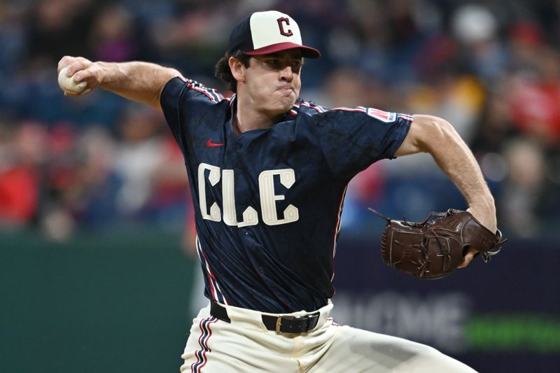 May 30, 2025; Cleveland, Ohio, USA; Cleveland Guardians relief pitcher Matt Festa (52) throws a pitch during the seventh inning against the Los Angeles Angels at Progressive Field. Mandatory Credit: Ken Blaze-Imagn Images