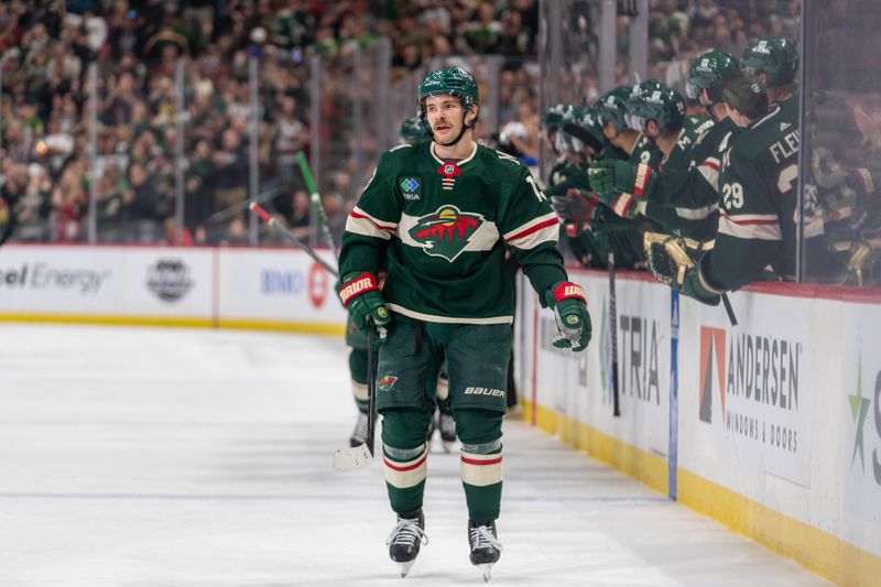 Apr 8, 2023; Saint Paul, Minnesota, USA; Minnesota Wild center Sam Steel (13) after scoring a short handed goal in the first period against the St. Louis Blues at Xcel Energy Center. Mandatory Credit: Matt Blewett-USA TODAY Sports