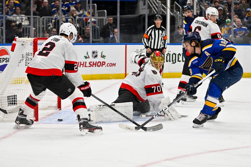 Dec 14, 2023; St. Louis, Missouri, USA;  St. Louis Blues center Robert Thomas (18) shoots and scores against Ottawa Senators goaltender Joonas Korpisalo (70) during the second period at Enterprise Center. Mandatory Credit: Jeff Curry-USA TODAY Sports