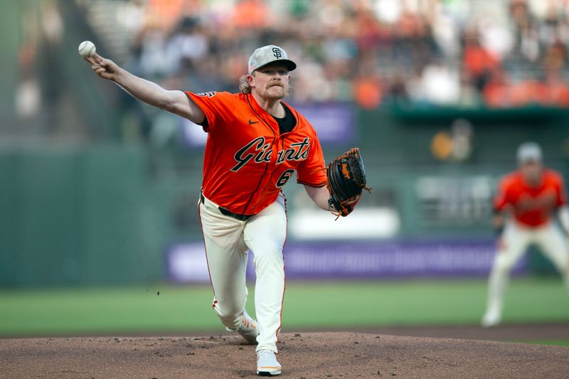 May 16, 2025; San Francisco, California, USA; San Francisco Giants starting pitcher Logan Webb (62) delivers a pitch against the Athletics during the first inning at Oracle Park. Mandatory Credit: D. Ross Cameron-Imagn Images
