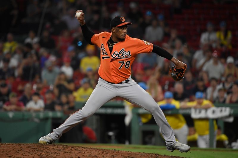 Sep 9, 2023; Boston, Massachusetts, USA;  Baltimore Orioles relief pitcher Yennier Cano (78) pitches during the ninth inning against the Boston Red Sox at Fenway Park. Mandatory Credit: Bob DeChiara-USA TODAY Sports