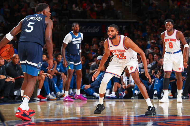 NEW YORK, NY - OCTOBER 13: Anthony Edwards #5 of the Minnesota Timberwolves is defended by Mikal Bridges #25 of the New York Knicks on October 13, 2024 at Madison Square Garden in New York City, New York.  NOTE TO USER: User expressly acknowledges and agrees that, by downloading and or using this photograph, User is consenting to the terms and conditions of the Getty Images License Agreement. Mandatory Copyright Notice: Copyright 2024 NBAE  (Photo by David L. Nemec/NBAE via Getty Images)