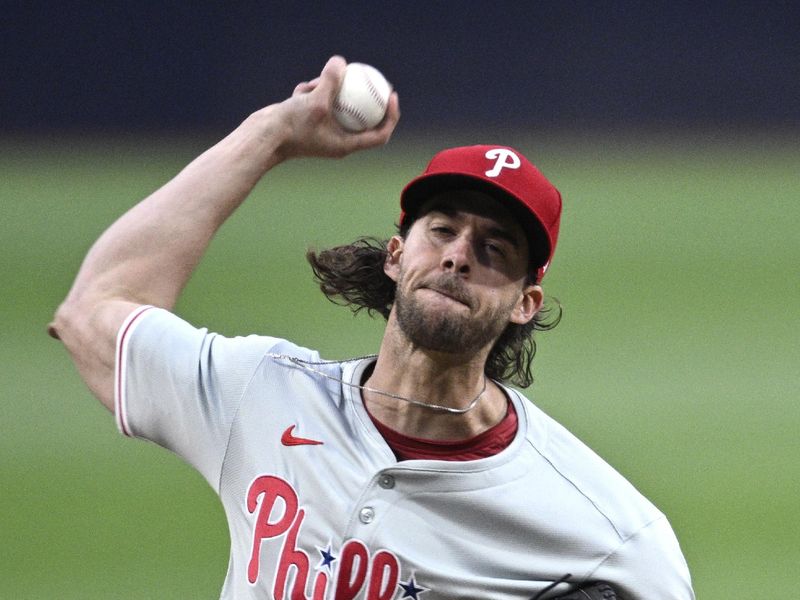 Apr 26, 2024; San Diego, California, USA; Philadelphia Phillies starting pitcher Aaron Nola (27) throws a pitch during the first inning against the San Diego Padres at Petco Park. Mandatory Credit: Orlando Ramirez-USA TODAY Sports