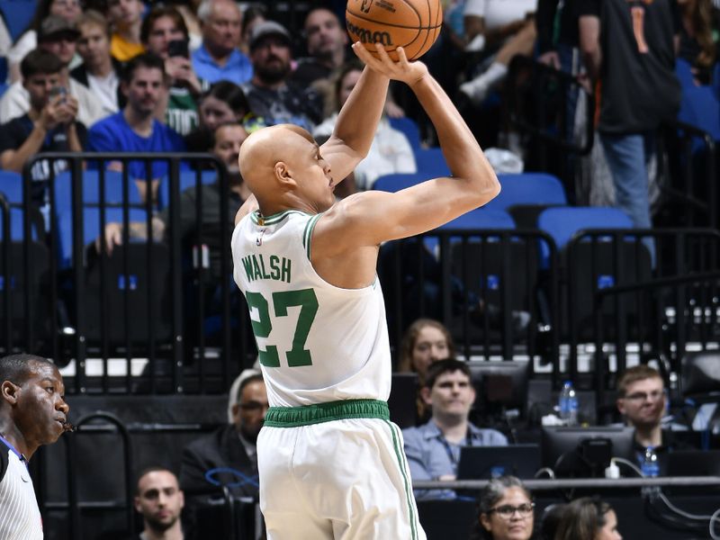 ORLANDO, FL - APRIL 9:  Jordan Walsh #27 of the Boston Celtics shoots the ball during the game against the Orlando Magic on April 9, 2025 at Kia Center in Orlando, Florida. NOTE TO USER: User expressly acknowledges and agrees that, by downloading and or using this photograph, User is consenting to the terms and conditions of the Getty Images License Agreement. Mandatory Copyright Notice: Copyright 2025 NBAE (Photo by Fernando Medina/NBAE via Getty Images)