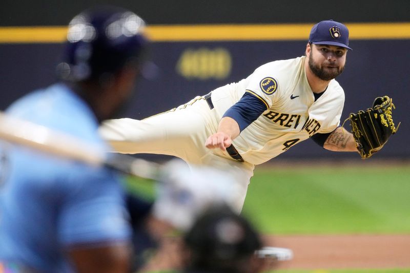 Apr 29, 2024; Milwaukee, Wisconsin, USA;  Milwaukee Brewers pitcher Bryse Wilson (46) throws a pitch during the first inning against the Tampa Bay Rays at American Family Field. Mandatory Credit: Jeff Hanisch-USA TODAY Sports