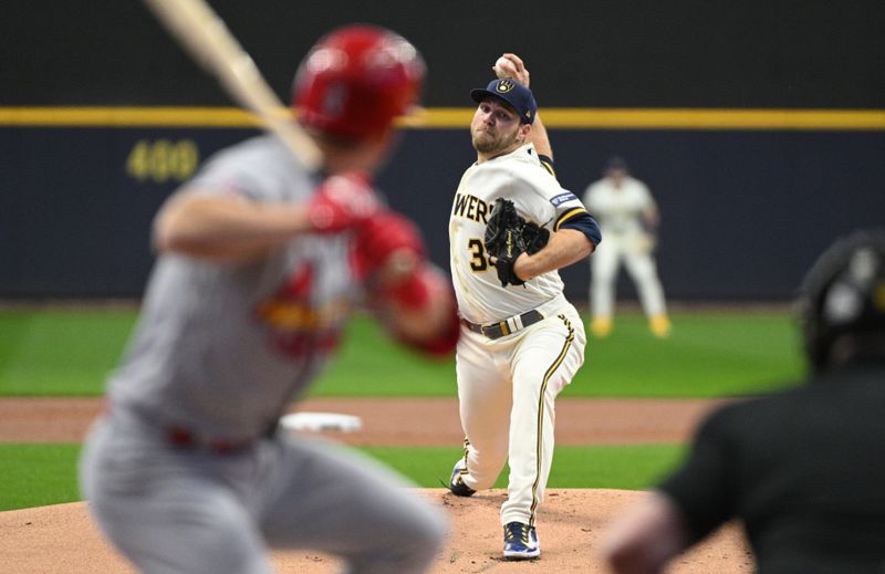 Sep 28, 2023; Milwaukee, Wisconsin, USA; Milwaukee Brewers starting pitcher Corbin Burnes (39) delivers a pitch against the St. Louis Cardinals in the first inning at American Family Field. Mandatory Credit: Michael McLoone-USA TODAY Sports