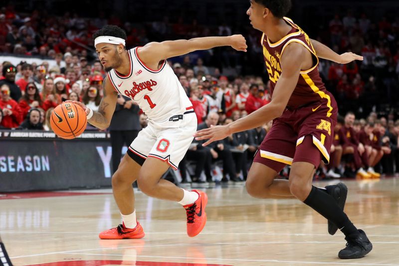 Dec 3, 2023; Columbus, Ohio, USA;  Ohio State Buckeyes guard Roddy Gayle Jr. (1) controls the ball as Minnesota Golden Gophers guard Cam Christie (24) defends him on the play during the second half at Value City Arena. Mandatory Credit: Joseph Maiorana-USA TODAY Sports