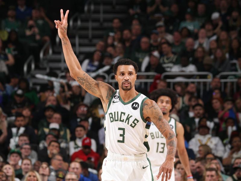 MILWAUKEE, WI -  NOVEMBER 2: George Hill #3 of the Milwaukee Bucks reacts to a play during the game against the Detroit Pistons on November 2, 2022 at the Fiserv Forum Center in Milwaukee, Wisconsin. NOTE TO USER: User expressly acknowledges and agrees that, by downloading and or using this Photograph, user is consenting to the terms and conditions of the Getty Images License Agreement. Mandatory Copyright Notice: Copyright 2022 NBAE (Photo by Gary Dineen/NBAE via Getty Images).