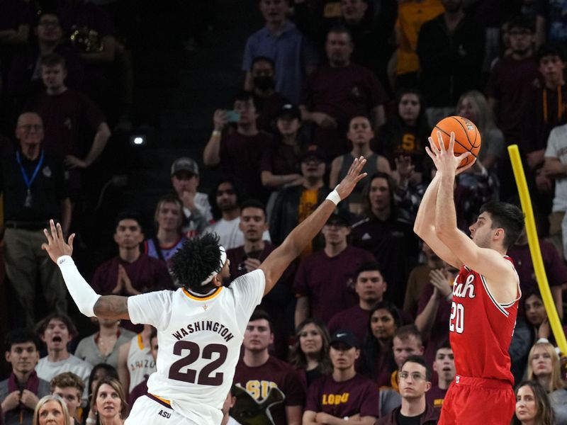 Feb 18, 2023; Tempe, Arizona, USA; Utah Utes guard Lazar Stefanovic (20) shoots over Arizona State Sun Devils forward Warren Washington (22) during the second half at Desert Financial Arena. Mandatory Credit: Joe Camporeale-USA TODAY Sports