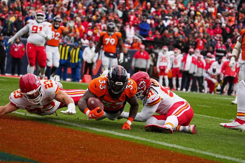 Denver Broncos running back Javonte Williams (33) celebrates a touchdown against the Kansas City Chiefs of an NFL football game Sunday October 29, 2023, in Denver. (AP Photo/Bart Young)