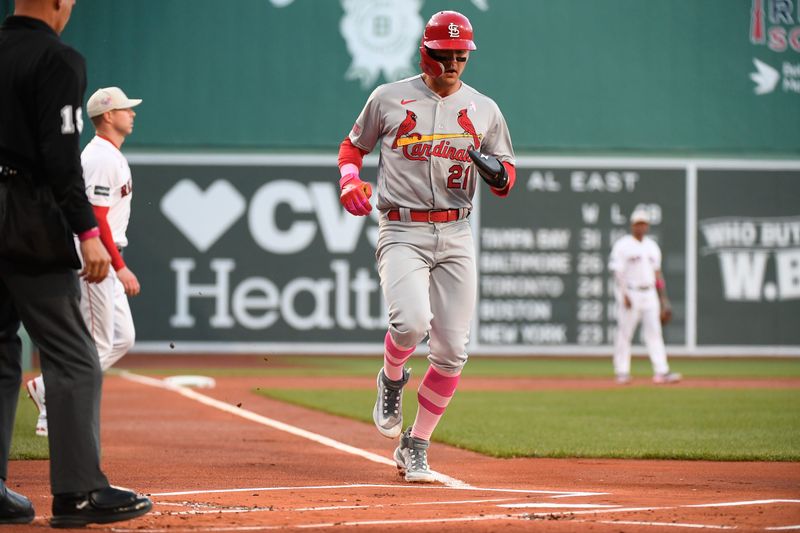 May 14, 2023; Boston, Massachusetts, USA; St. Louis Cardinals right fielder Lars Nootbaar (21) scores a run against the Boston Red Sox during the first inning at Fenway Park. Mandatory Credit: Eric Canha-USA TODAY Sports