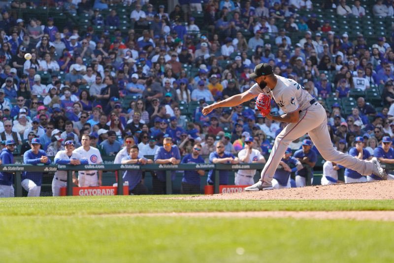 May 7, 2023; Chicago, Illinois, USA; Miami Marlins starting pitcher Sandy Alcantara (22) throws the ball against the Chicago Cubs during the ninth inning at Wrigley Field. Mandatory Credit: David Banks-USA TODAY Sports