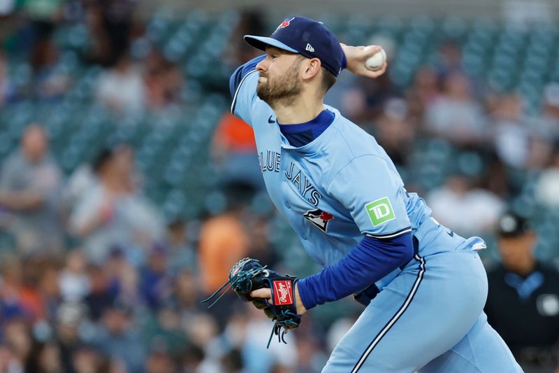 May 23, 2024; Detroit, Michigan, USA;  Toronto Blue Jays relief pitcher Zach Pop (56) pitches in the seventh inning against the Detroit Tigers at Comerica Park. Mandatory Credit: Rick Osentoski-USA TODAY Sports