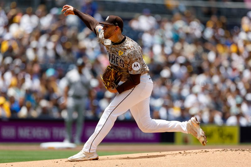 May 26, 2024; San Diego, California, USA; San Diego Padres starting pitcher Joe Musgrove (44) throws a pitch in the first inning against the New York Yankees at Petco Park. Mandatory Credit: David Frerker-USA TODAY Sports