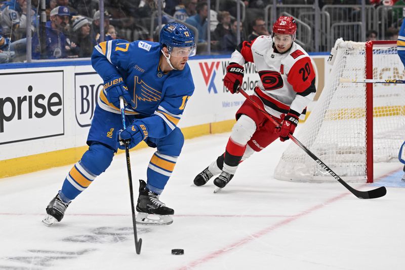 Jan 13, 2026; St. Louis, Missouri, USA; Carolina Hurricanes center Sebastian Aho (20) pressures St. Louis Blues defenseman Cam Fowler (17) in the first period at Enterprise Center. Mandatory Credit: Joe Puetz-Imagn Images