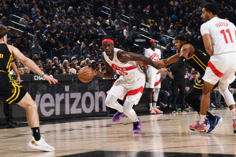 SAN FRANCISCO, CA - JANUARY 7: Pascal Siakam #43 of the Toronto Raptors dribbles the ball during the game against the Golden State Warriors on January 7, 2024 at Chase Center in San Francisco, California. NOTE TO USER: User expressly acknowledges and agrees that, by downloading and or using this photograph, user is consenting to the terms and conditions of Getty Images License Agreement. Mandatory Copyright Notice: Copyright 2024 NBAE (Photo by Noah Graham/NBAE via Getty Images)