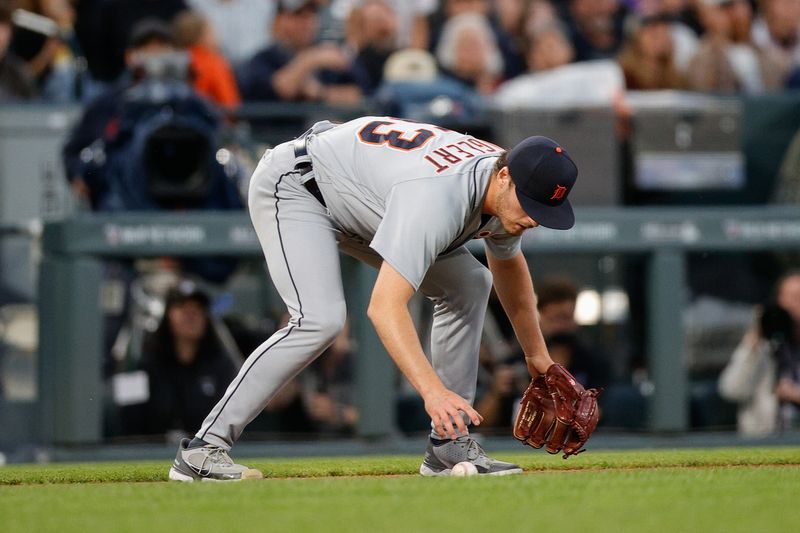 Jun 30, 2023; Denver, Colorado, USA; Detroit Tigers relief pitcher Mason Englert (53) waits for the ball to cross the foul line in the eighth inning against the Colorado Rockies at Coors Field. Mandatory Credit: Isaiah J. Downing-USA TODAY Sports
