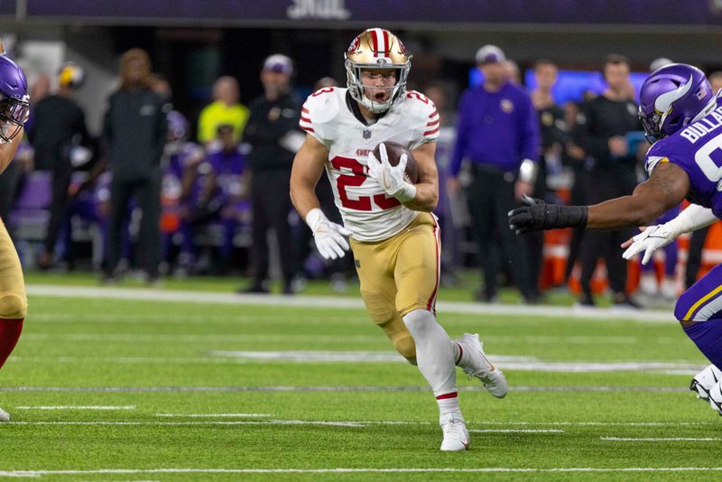 San Francisco 49ers running back Christian McCaffrey runs during an NFL football game against the Minnesota Vikings, Monday, Oct. 23, 2023, in Minneapolis. (AP Photo/Andy Clayton-King)