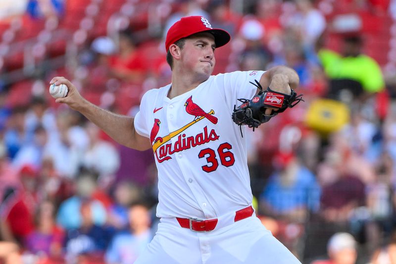 Jun 24, 2025; St. Louis, Missouri, USA;  St. Louis Cardinals starting pitcher Michael McGreevy (36) pitches against the Chicago Cubs during the first inning at Busch Stadium. Mandatory Credit: Jeff Curry-Imagn Images
