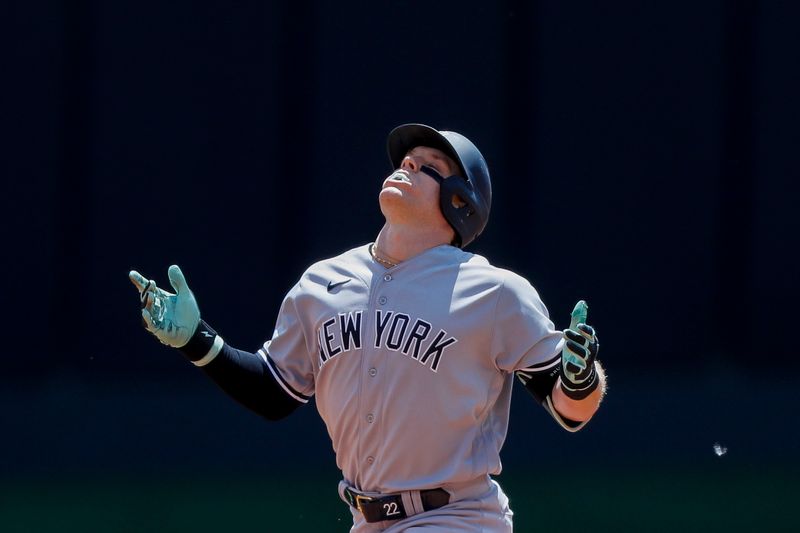 May 21, 2023; Cincinnati, Ohio, USA; New York Yankees center fielder Harrison Bader (22) reacts after hitting a two-run home run in the fifth inning against the Cincinnati Reds at Great American Ball Park. Mandatory Credit: Katie Stratman-USA TODAY Sports